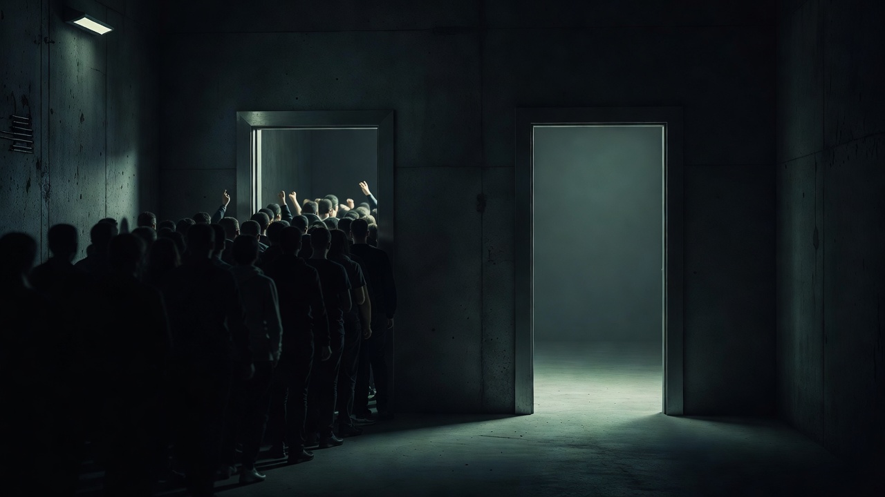 Duas portas no escuro: a da esquerda lotada de gente entrando em fila, a da direita vazia com uma luz além