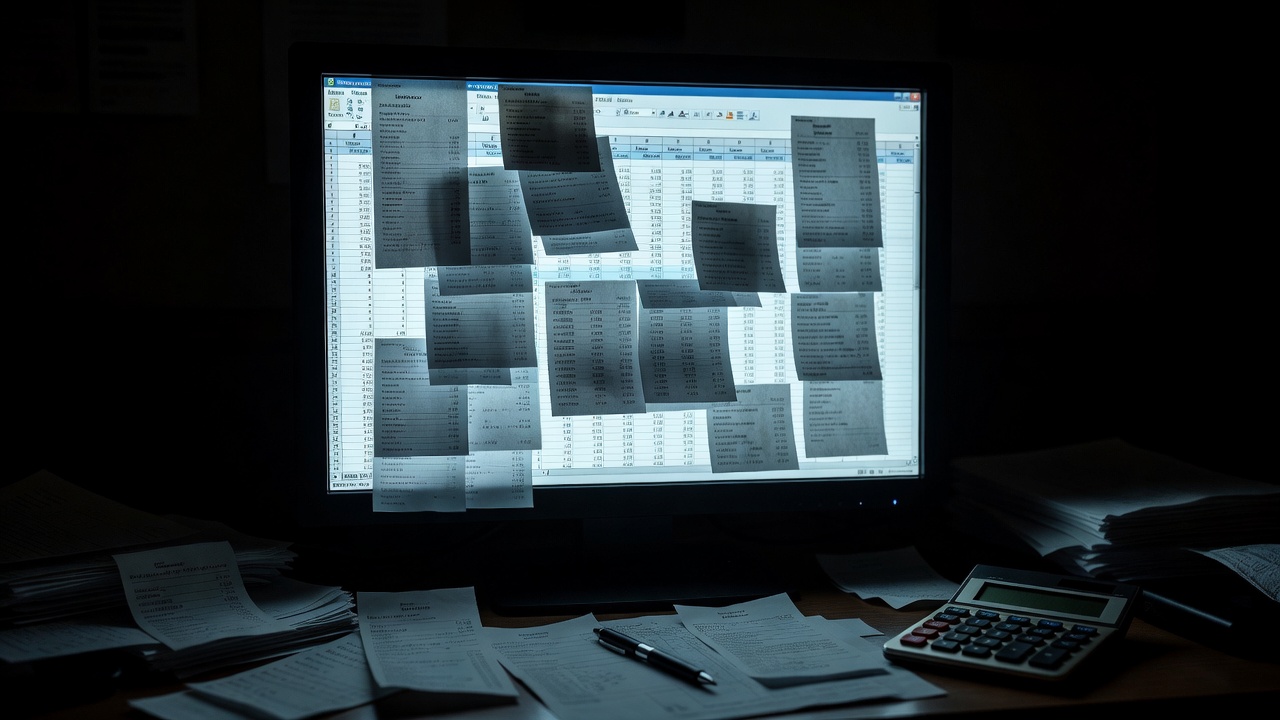 Monitor de computador no escuro mostrando múltiplas planilhas sobrepostas, calculadora e papéis espalhados na mesa — o peso do controle financeiro manual que consome horas toda semana.