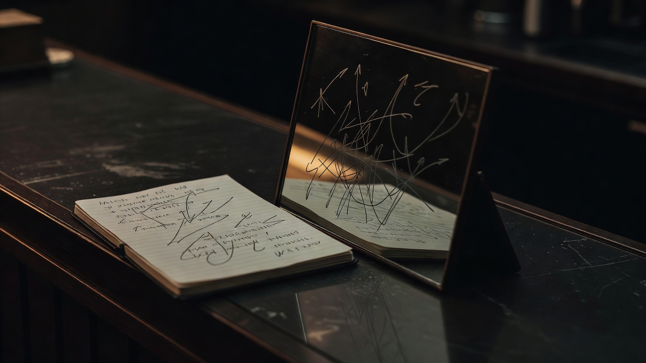 Um espelho escuro sobre uma bancada de confeitaria à meia-luz, refletindo um caderno com anotações desorganizadas e rabiscos confusos. O reflexo é tão confuso quanto a página.