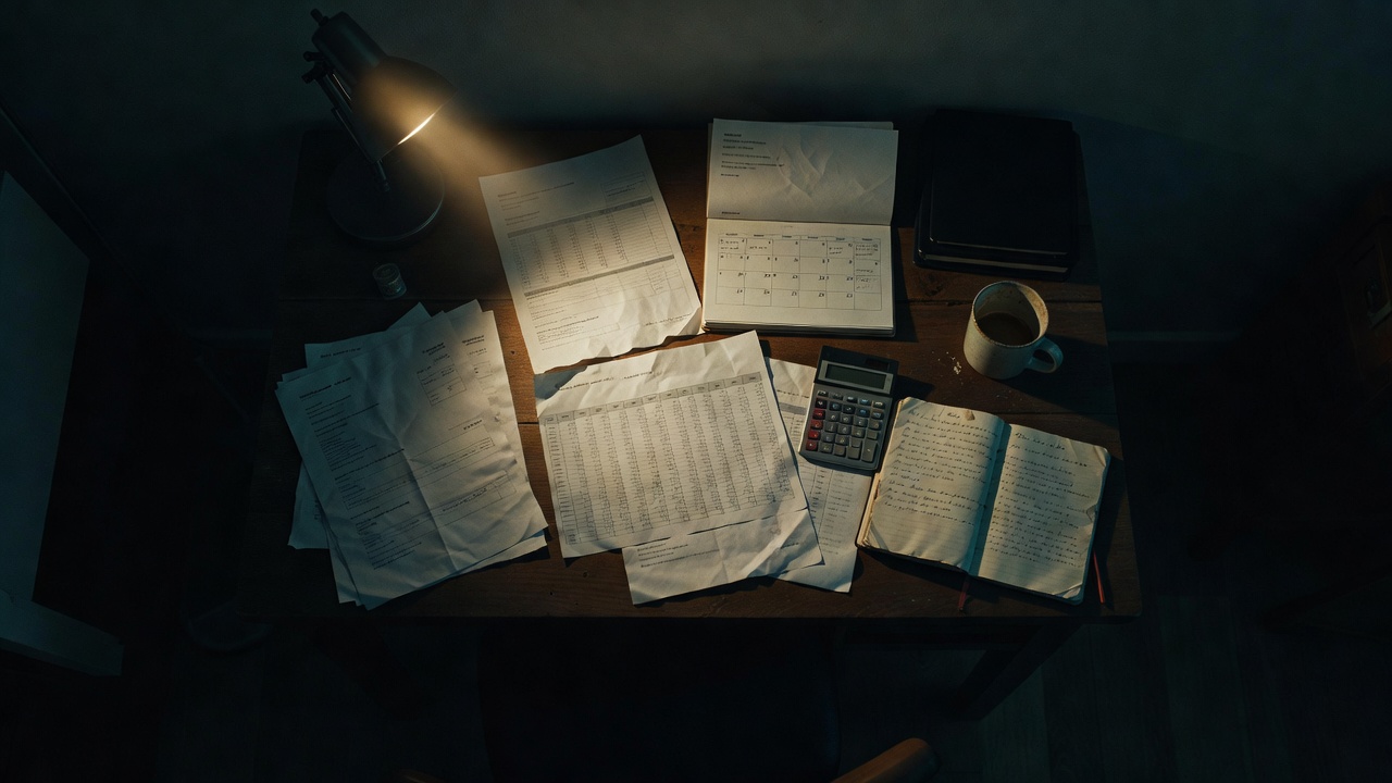 Vista de cima de uma mesa de trabalho à noite com papéis, planilha impressa, agenda e calculadora sendo iluminados por um facho de luz — o mundo do negócio sendo lido pela ferramenta.