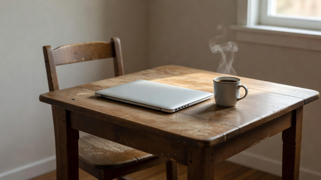 A mesma mesa de manhã, organizada e leve, com um café fresco e a cadeira vazia